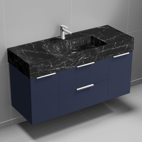 Bathroom Vanity Floating Bathroom Vanity, Modern, Blue, 48 Inch, Black Marble Style Sink, Chrome Handles Nameeks DERIN990